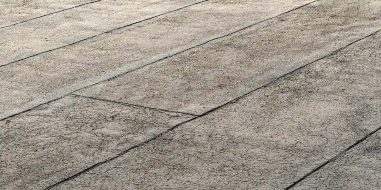 Close-up of a weathered bitumen felt flat roof showing the overlapping seams between sheets